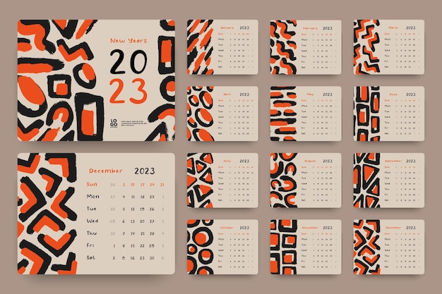 2023 Calendar template with hand drawn illustration of abstract scratches pattern.