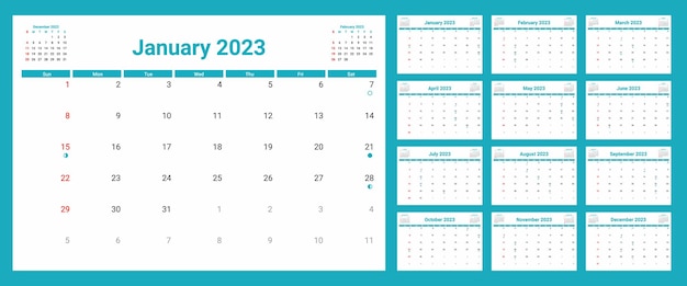 Modello di calendario 2023 con fasi lunari la settimana inizia di domenica