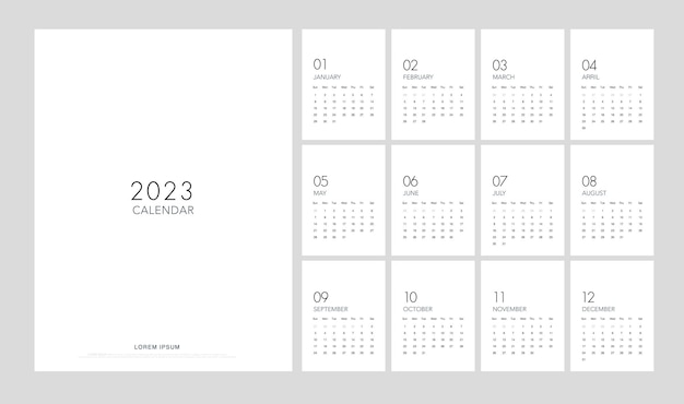 ベクトル 2023 カレンダー トレンディなミニマリスト スタイル 古典的な最小限のカレンダー プランナー デザイン印刷用テンプレート セット 12 ページ デスク カレンダー ベクトル イラスト