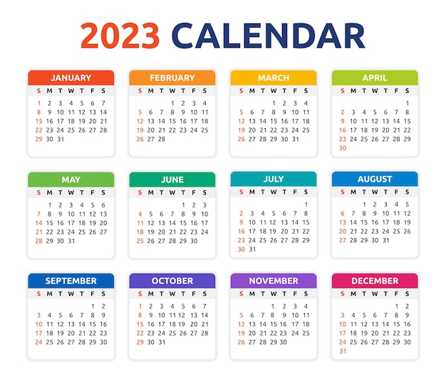 2023 modello di pianificazione del disegno vettoriale del calendario, design colorato, semplice e pulito.