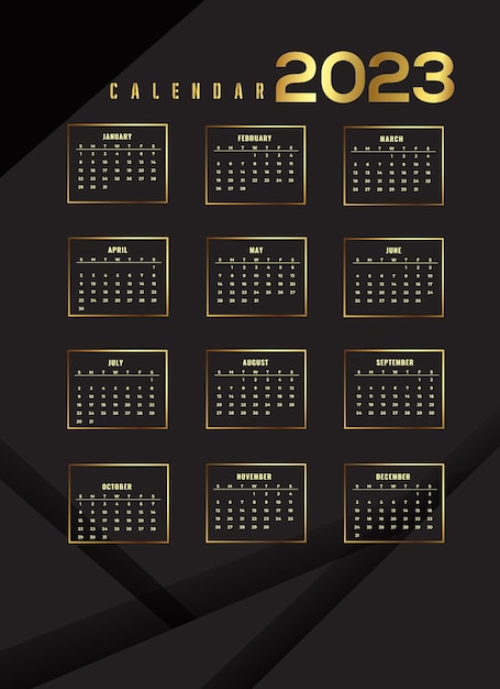 金色の装飾デザインの2023年カレンダー