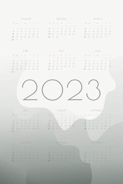 Vector 2023 calendar with gray gradient fluid wave shapes vertical annual template for print and digital week starts on sunday