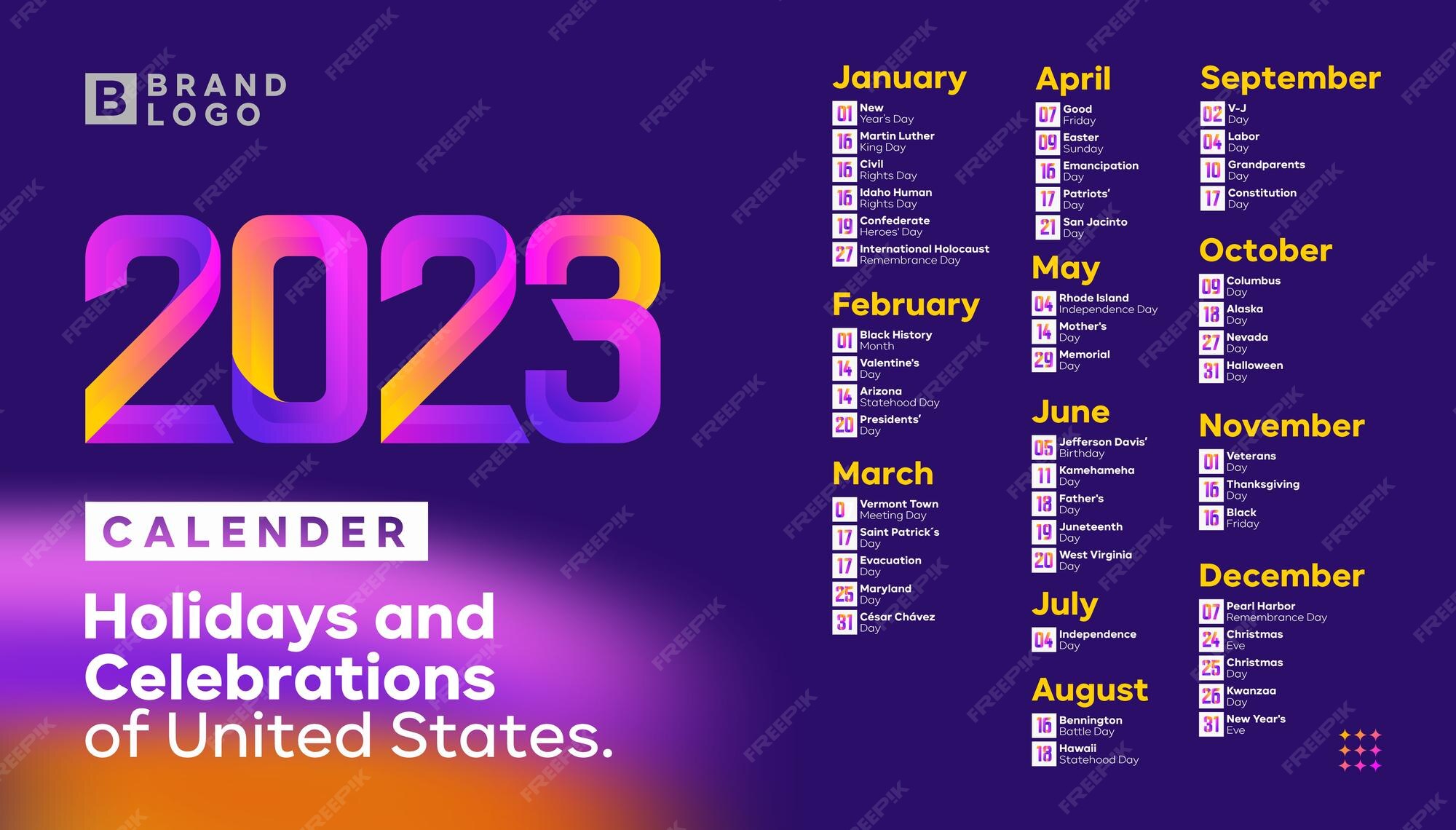 Premium Vector 2023 calendar with holidays and celebrations of united