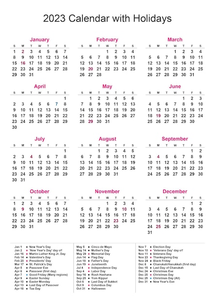 Vector 2023 calendar with holidays