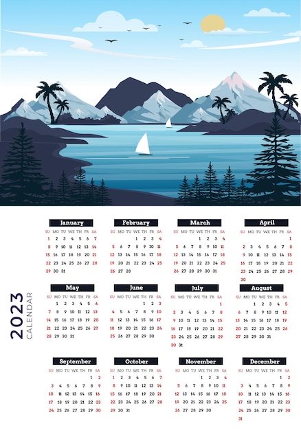 2023 年のカレンダーで、山と川のある風景が縦型のデジタル印刷に使用されます。