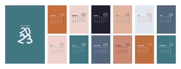 Calendario 2023 con colori utilizzati unici e moderni.