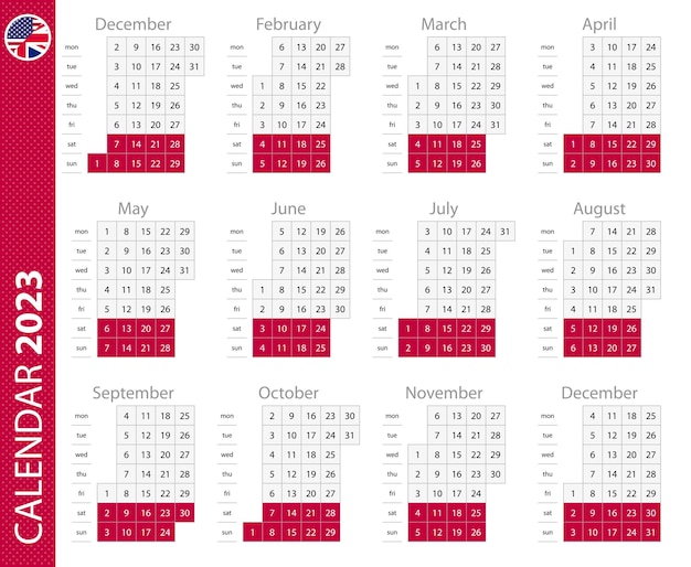 2023 calendar with vertical grid Vector calendar