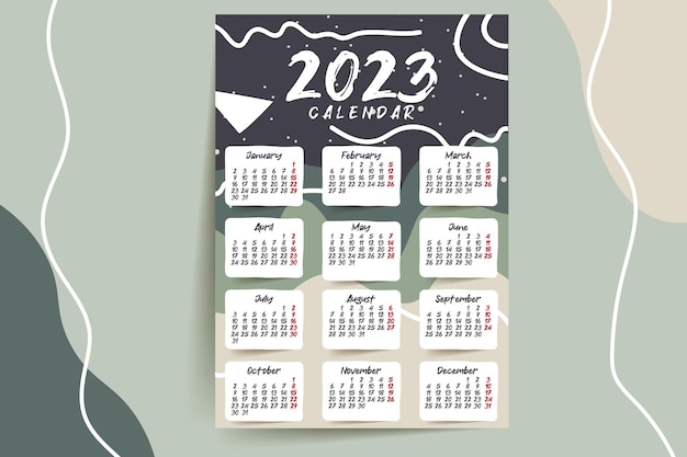 2023 Calendar year vector illustration. The week starts on Sunday. Annual calendar 2023 template.