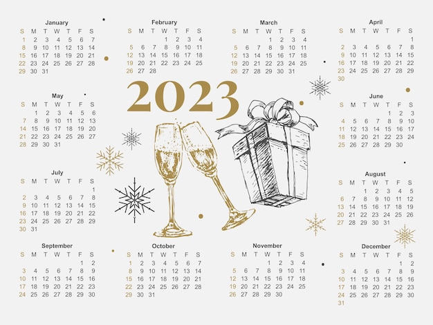 2023 Calendar year vector illustration The week starts on Sunday Christmas snowflakes calendar 2023 template Calendar design Sunday in red colors Vector