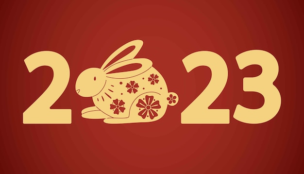2023 Китайский баннер Золотой кролик традиционный новогодний зодиакальный силуэт золотого кролика на красном фоне Гороскоп баннер или декор плаката Азиатский лунный календарь векторная восточная иллюстрация