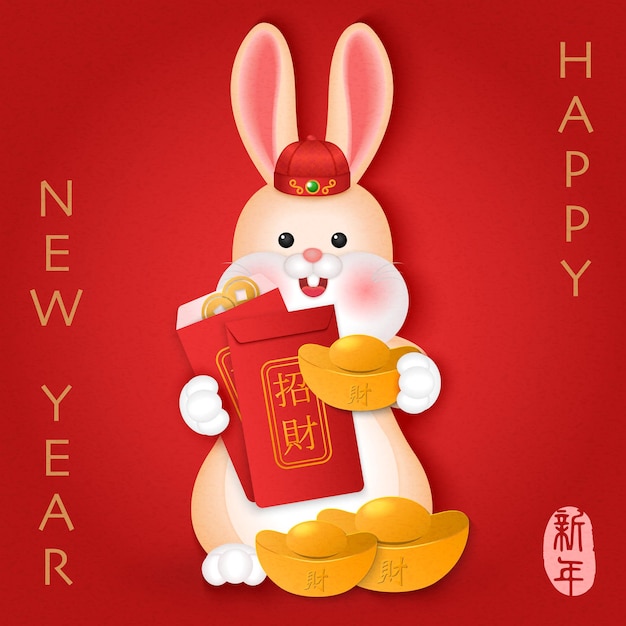 Premium Vector  2023 chinese new year of cute cartoon rabbit holding red  envelope chinese translation new year and urshing wealth