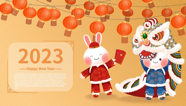 2023 Chinese New Year text with lantern and rabbit