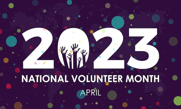 2023년 개념 National Volunteer month는 4월에 관찰된 다채로운 도트 하프톤 디자인으로 파란색 배경에서 손을 들어 커뮤니티 인식 배너 또는 템플릿을 지원합니다.