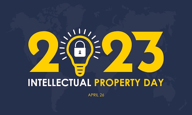 2023 Concept World Intellectual Property Day patent right awareness banner or template yellow and white color design in dark blue background with security lock and lightbulb idea observed on April 26