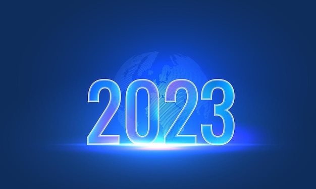 2023 digital futuristic illustration text of the new year on the background of the world map neon glowing poster on a dark night background