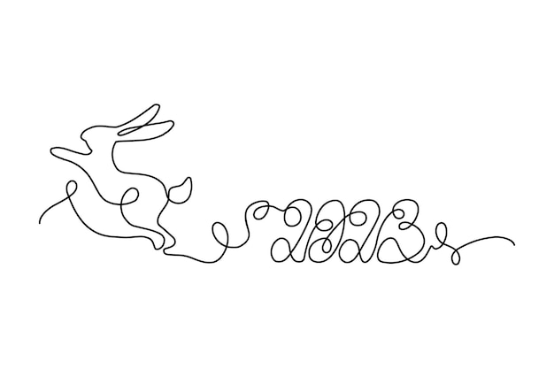 2023 Een gestileerde handgeschreven lettering en een afbeelding van een springend konijn in één ononderbroken lijn Lettering