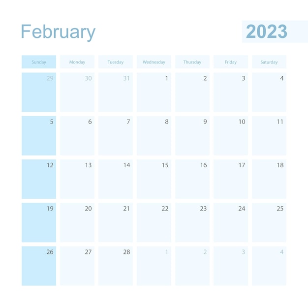 2023 February wall planner in blue color week starts on Sunday