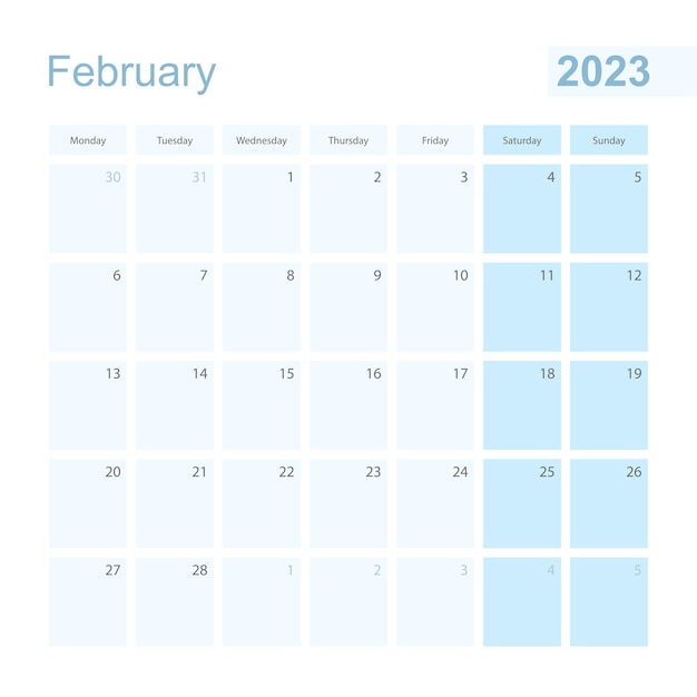 2023 February wall planner in blue pastel color week starts on Monday