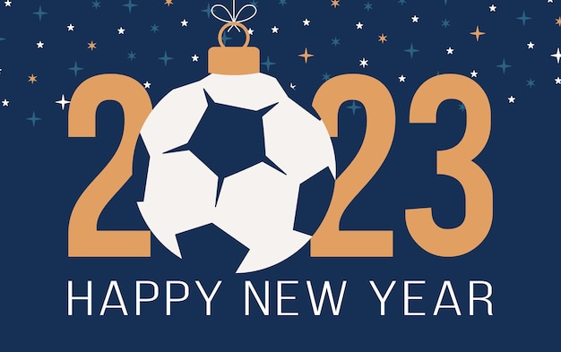 2023 football happy new year sports greeting card with soccer and football ball on the flat star background vector illustration