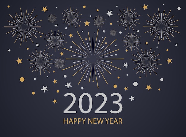 2023 Gelukkig Nieuwjaar achtergrond. Vuurwerk vieren illustratie. Vectorbanner