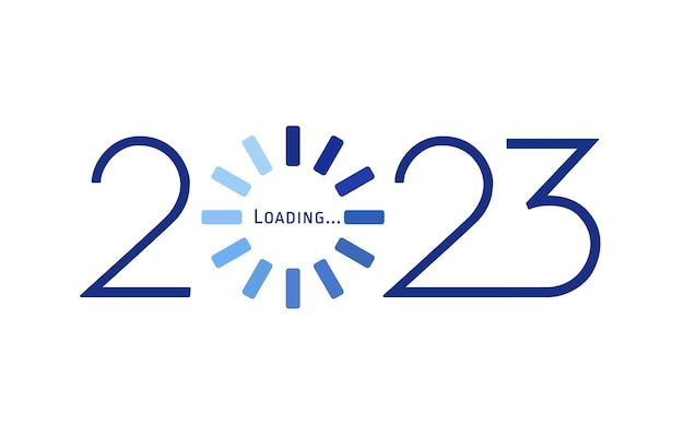 2023 Gelukkig Nieuwjaar blauwe laadbalk. Decoratieve laden spinnen pictogram. Digitale klok.