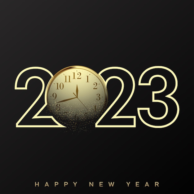 2023 gelukkig nieuwjaar en vrolijke kerstkaart met gouden horloge vector