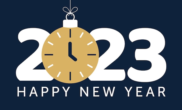 2023 gelukkig nieuwjaar vectorillustratie 2023 nieuwjaar met blauwe klok snuisterij bal op zwarte achtergrond illustratie in platte en cartoon stijl