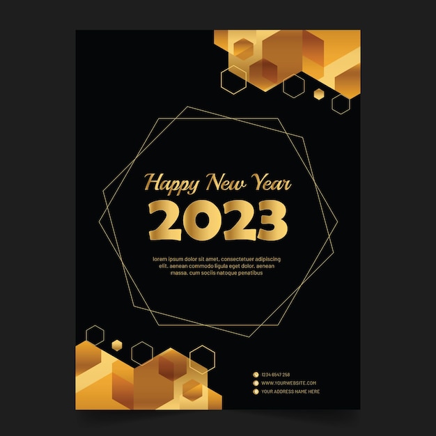 Vector 2023 gelukkig nieuwjaar wenskaart of sjabloon voor spandoek. gouden metalen nummerkaart 2023