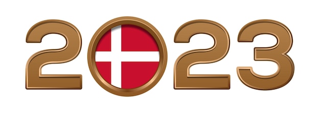 2023 gold number with the flag of Denmark inside. 2023 number logo text design isolated on white.