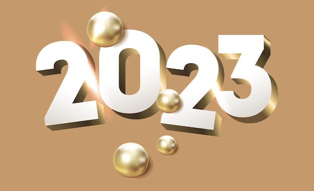 2023 golden white decoration holiday on beige background gold foil numbers 2023 with realistic festive objects horizontal banner happy new year vector illustration