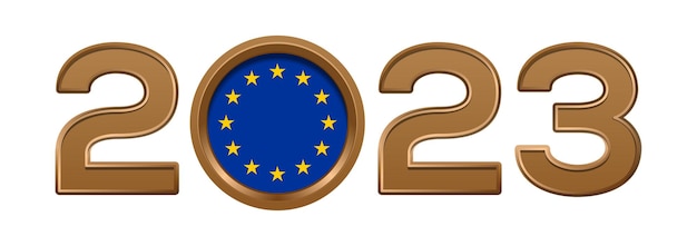 2023 gouden nummer met de vlag van de Europese Unie erin. 2023 nummer logo tekstontwerp.