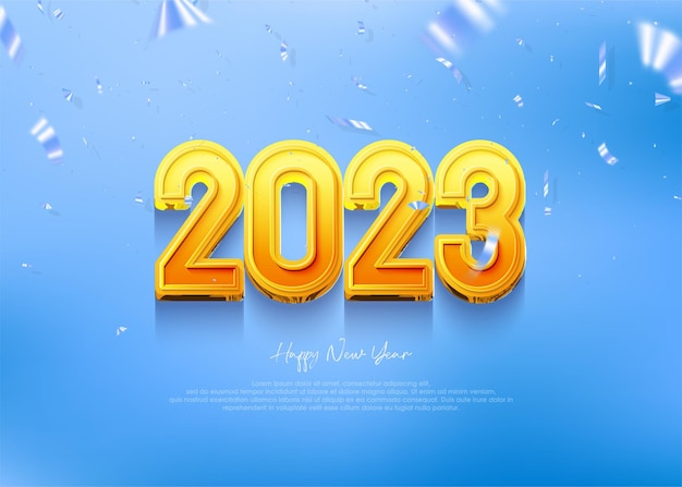 2023 happy new year background yellow 3d numbers on bright blue background