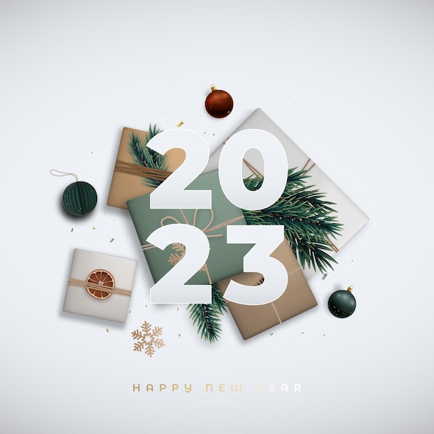 Vector 2023 happy new year banner flat lay composition