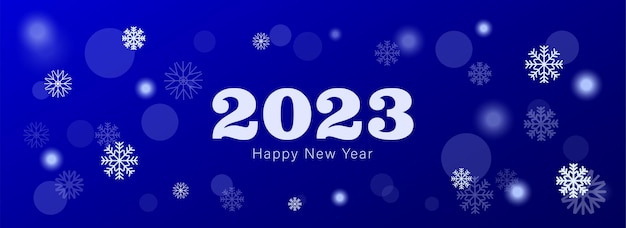 2023 felice anno nuovo su sfondo blu con un paesaggio invernale con fiocchi di neve, luci, stelle.