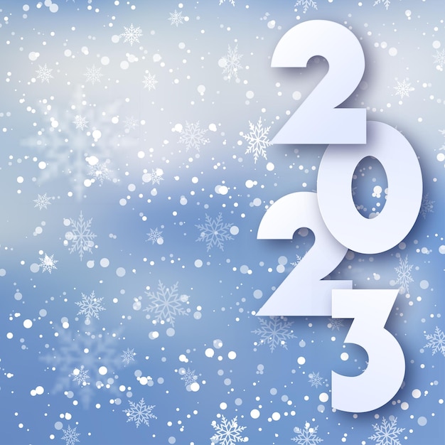 2023 Happy New Year and Christmas card with falling snowflakes and 2023 text Vector