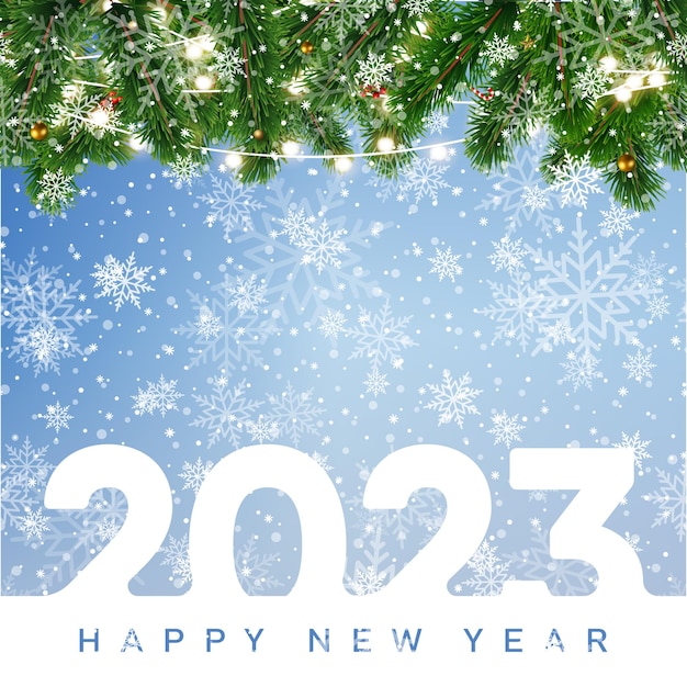 Premium Vector 2023 happy new year and christmas card with falling snowflakes and 2023 text vector