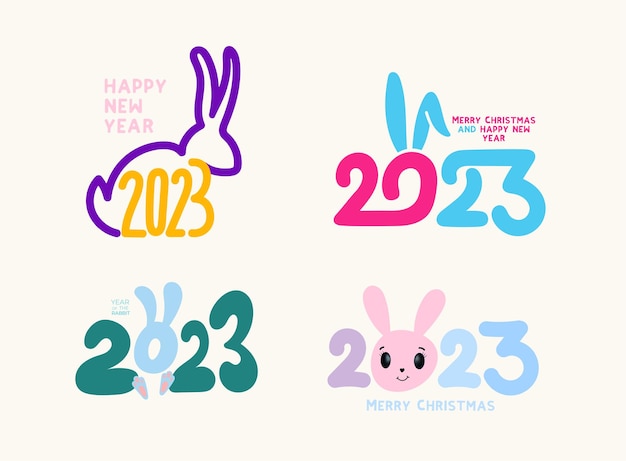 2023 해피 뉴 이어 컬러 로고 디자인 토끼 귀 2023 디자인 템플릿 흰색 배경에 고립 된 아이 벡터 일러스트와 함께 숫자