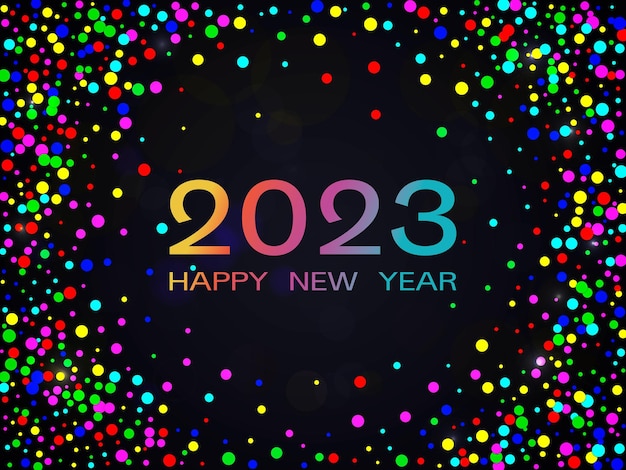 2023 happy new year красочные цифры текст конфетти на темном фоне новогодняя открытка 2023