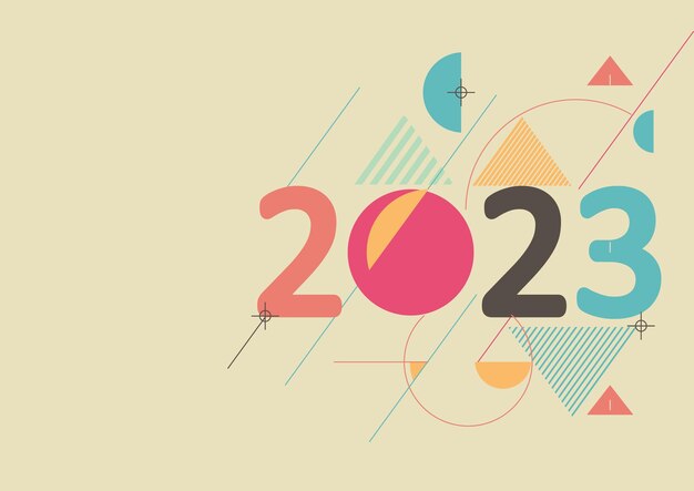 レトロなスタイルのグリーティングカードのモダンな幾何学的な抽象的な背景を持つ2023年明けましておめでとうございます