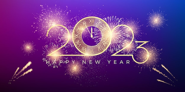 2023 С Новым годом Золотые числа и фестивальные часы Празднование и взрыв фейерверков в ночном праздничном небе Векторная иллюстрация
