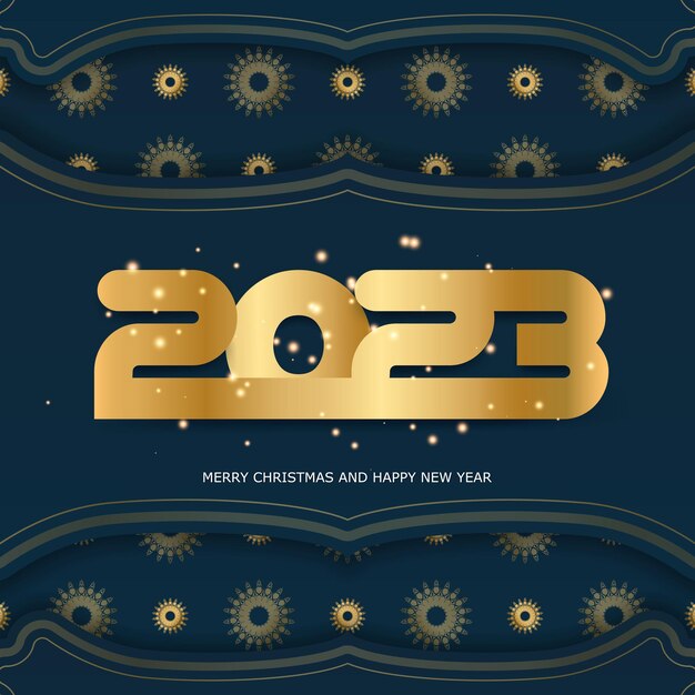 Banner di auguri di felice anno nuovo 2023 motivo dorato su blu