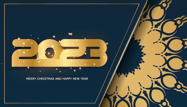 Poster di auguri per il felice anno nuovo 2023 colore blu e oro