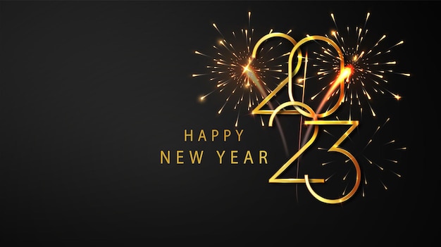 2023 Happy new year Happy New Year Banner with Golden metallic numbers date 2022 and flickering fireworks Dark luxury background Vector illustration