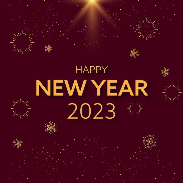 2023 happy new year lettering con fiocchi di neve e fuochi d'artificio su sfondo scuro claret flare effect