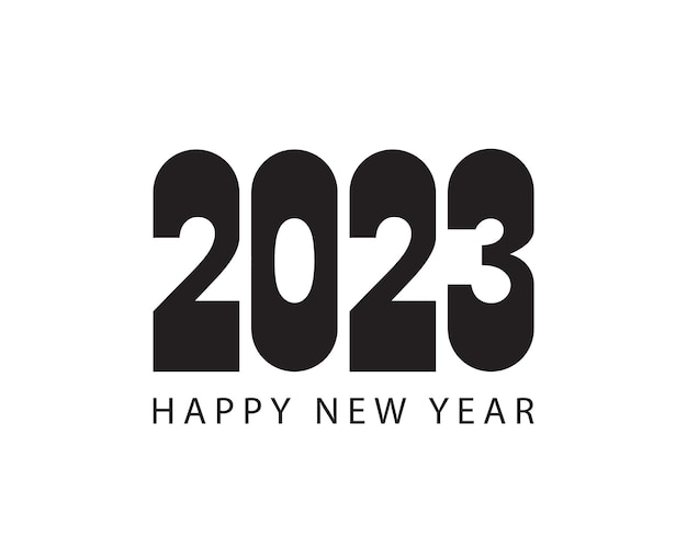 2023 새 해 복 많이 받으세요 로고 텍스트 디자인 서식 파일 벡터 일러스트 레이 션 흰색 배경에 고립 된 검은 레이블