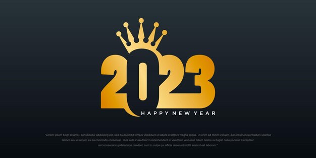 2023 happy new year logo design del testo con corona 2023 numero modello di progettazione illustrazione vettoriale