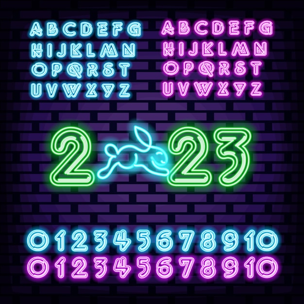 2023 Happy New Year and Merry Christmas alphabet Badge in neon style Neon script Night bright advertising