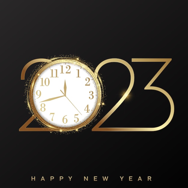 2023 Happy New Year and Merry Christmas card with golden watch Vector