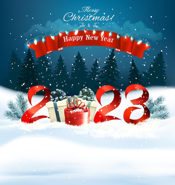 2023 Happy New Year and Merry Christmas holiday background with gift boxes and colorful garland Vector