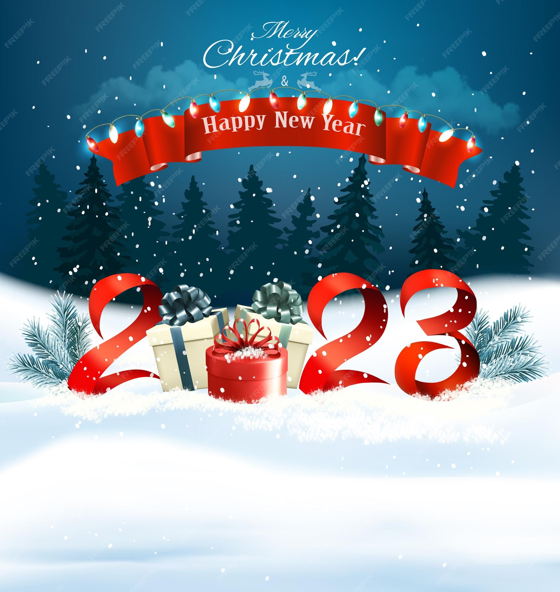 Premium Vector 2023 Happy New Year and Merry Christmas holiday background with gift boxes and